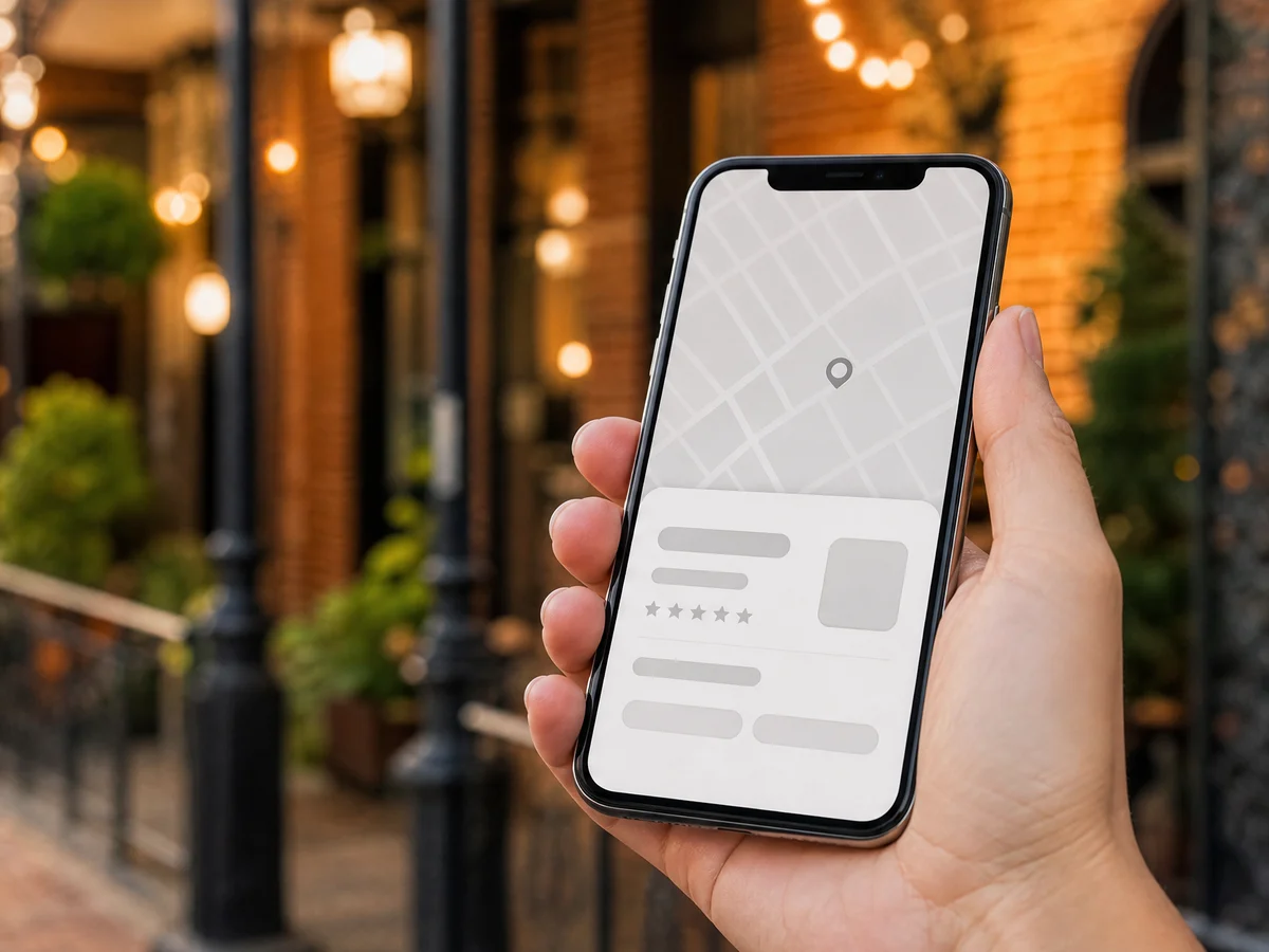 Phone showing a local business listing on a map app, outside a Baton Rouge shop.